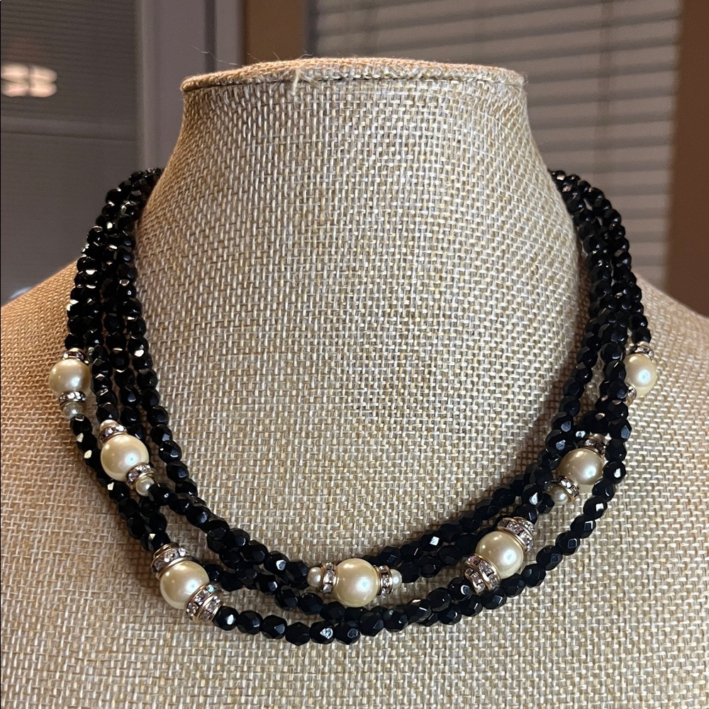 Elegant Black and Pearl with Rhinestone Multi-strand Beaded and Black Crystals